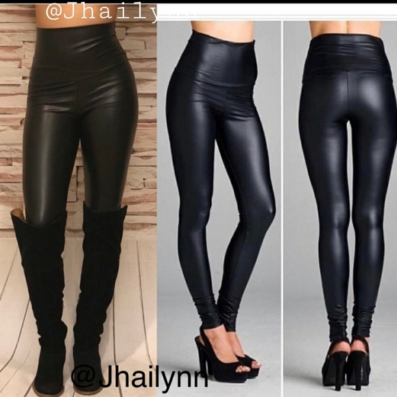 Black High waisted faux leather leggings - Picture 1 of 9